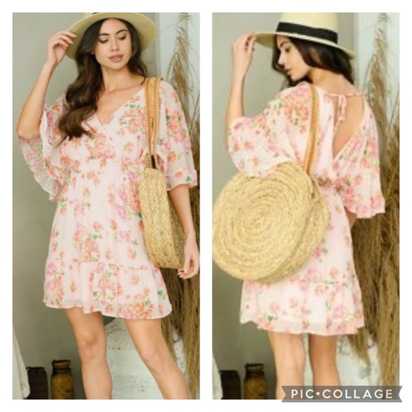 Boutique Peach Love Flowy Floral Dainty Pink Feminine Faux Wrap Mini Dress - Picture 1 of 9